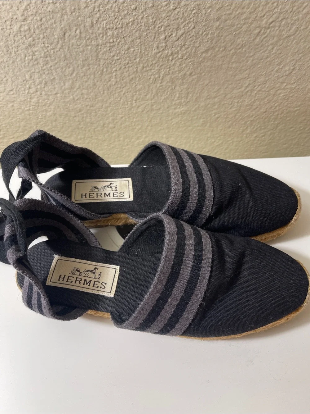 Hermes Black Canvas  Espadrilles with Gray Stripes